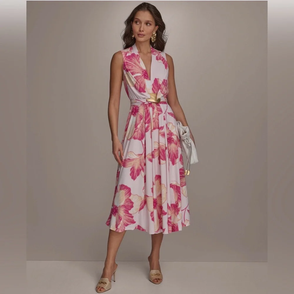 NWT Donna Karan Floral A-Line Midi Dress. Size 12. Misty Rose Pink - Picture 1 of 10